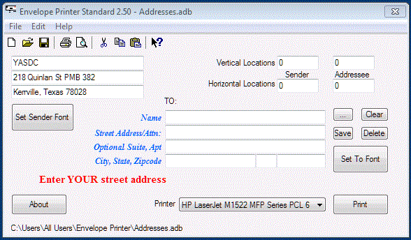 Envelope Printer v2.50 Main Screen